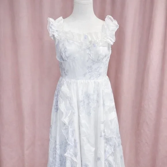 Romantic White Floral Ruffle Midi Dress Cottagecore - Picture 1 of 7